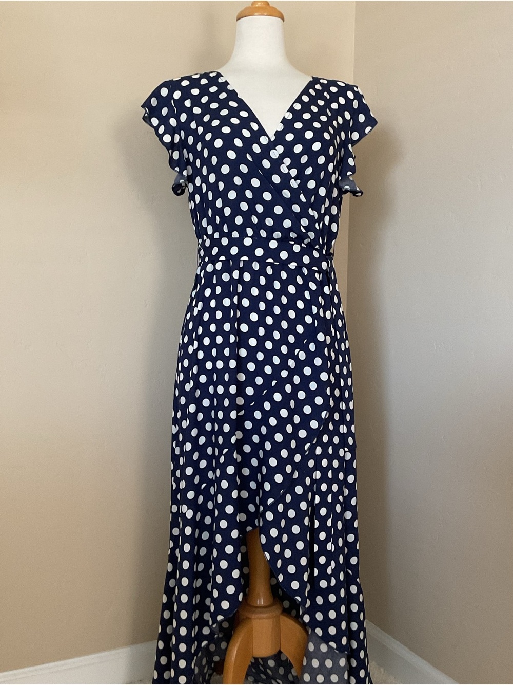 Grecerelle Wrap Dress Navy with White Polka Dots Size M
